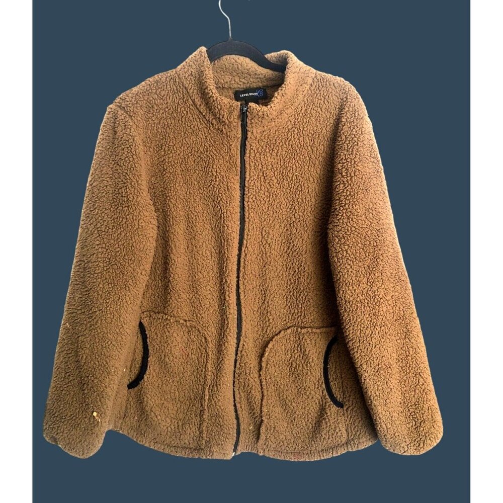 LEVEL 8-WOMENS BROWN COZY FULL ZIPUP CLOSURE SIDE POCKETS SHERPA SWEATER SIZE XL